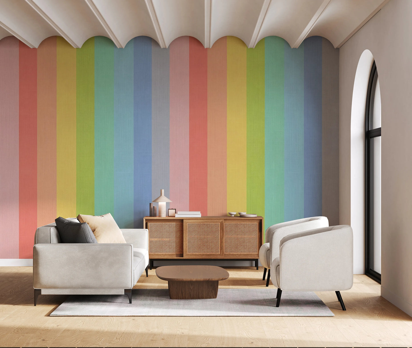 Pastel Rainbow Vertical Striped Linen Wallpaper Wall Mural