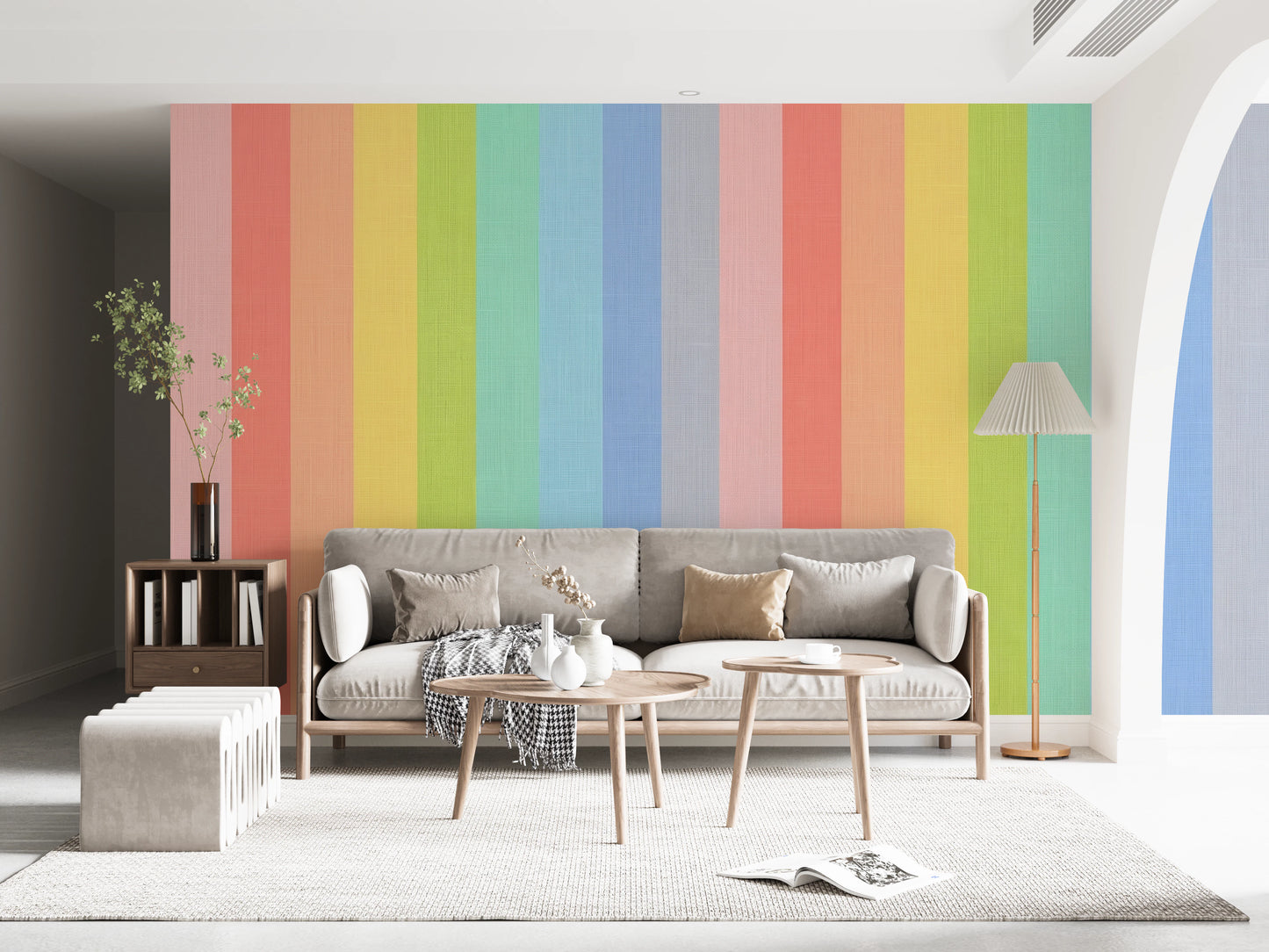 Pastel Rainbow Vertical Striped Linen Wallpaper Wall Mural