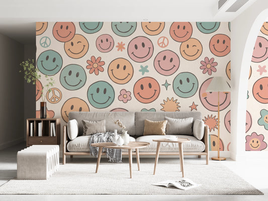 Retro Pastel Smiley Face Pattern Wall Mural