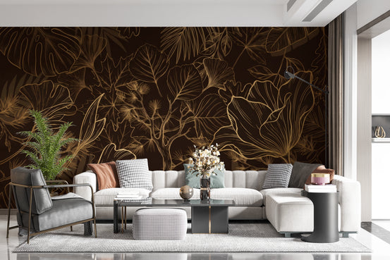 Elegant Gold Botanical Outline Wall Art Wall Mural