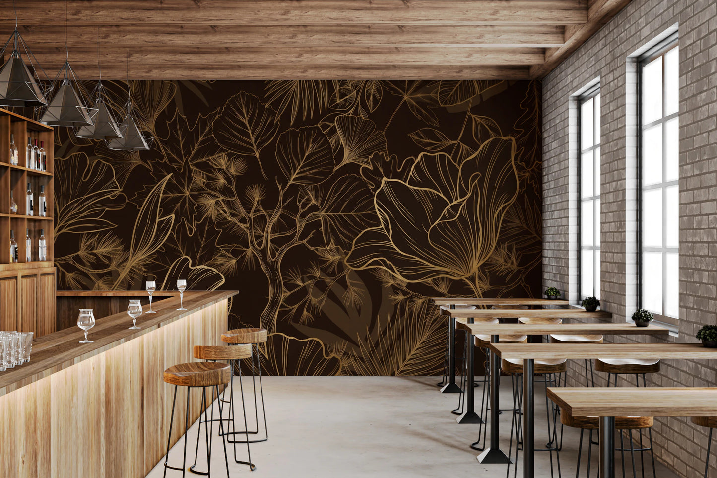 Elegant Gold Botanical Outline Wall Art Wall Mural