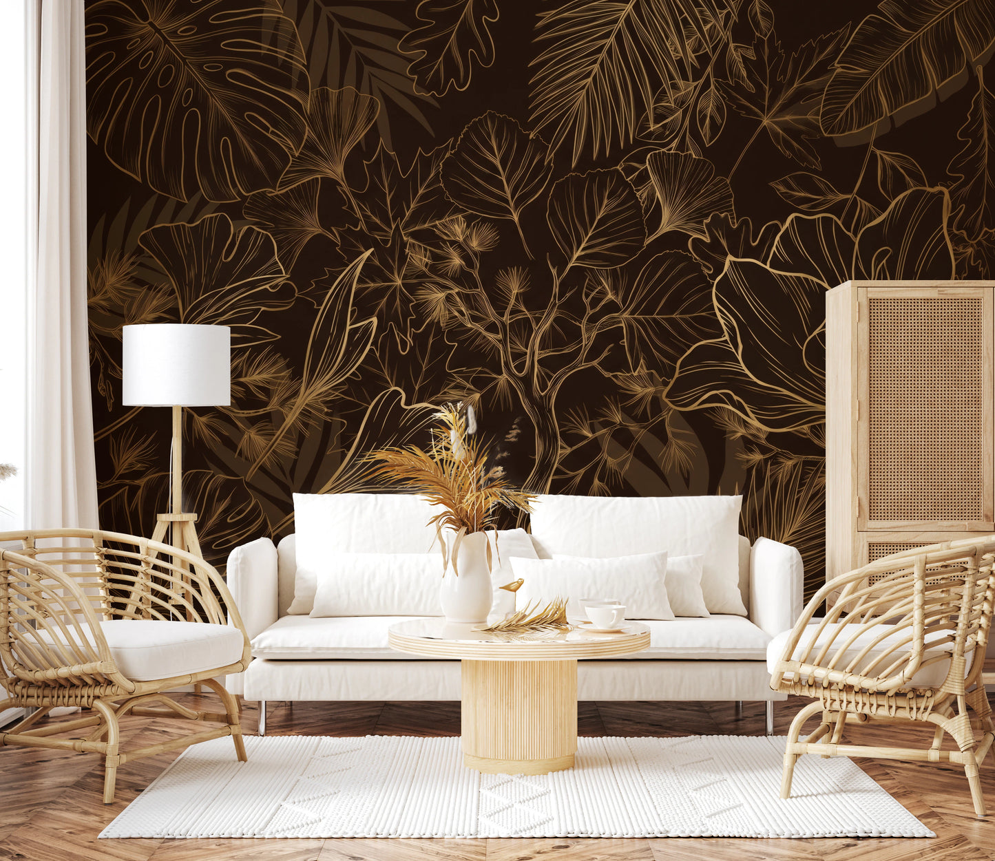 Elegant Gold Botanical Outline Wall Art Wall Mural