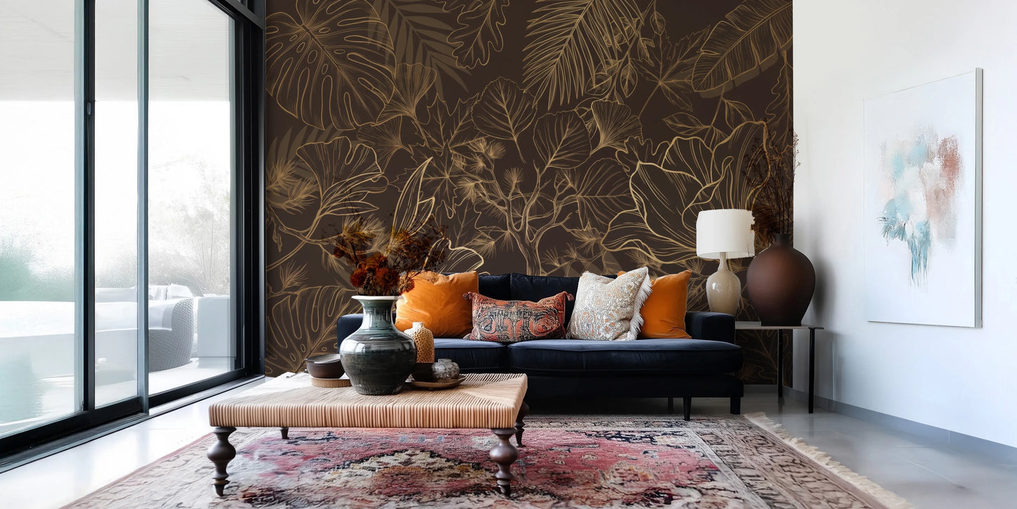 Elegant Gold Botanical Outline Wall Art Wall Mural