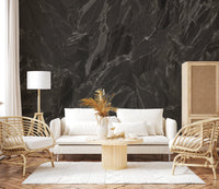 Charcoal marble-look mural on a living room wall backdrop