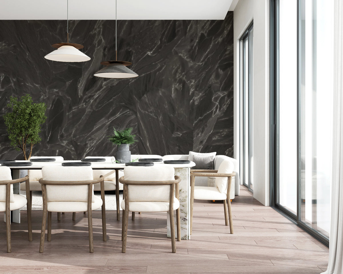 Rough dark slate texture mural with grey and silver streak.