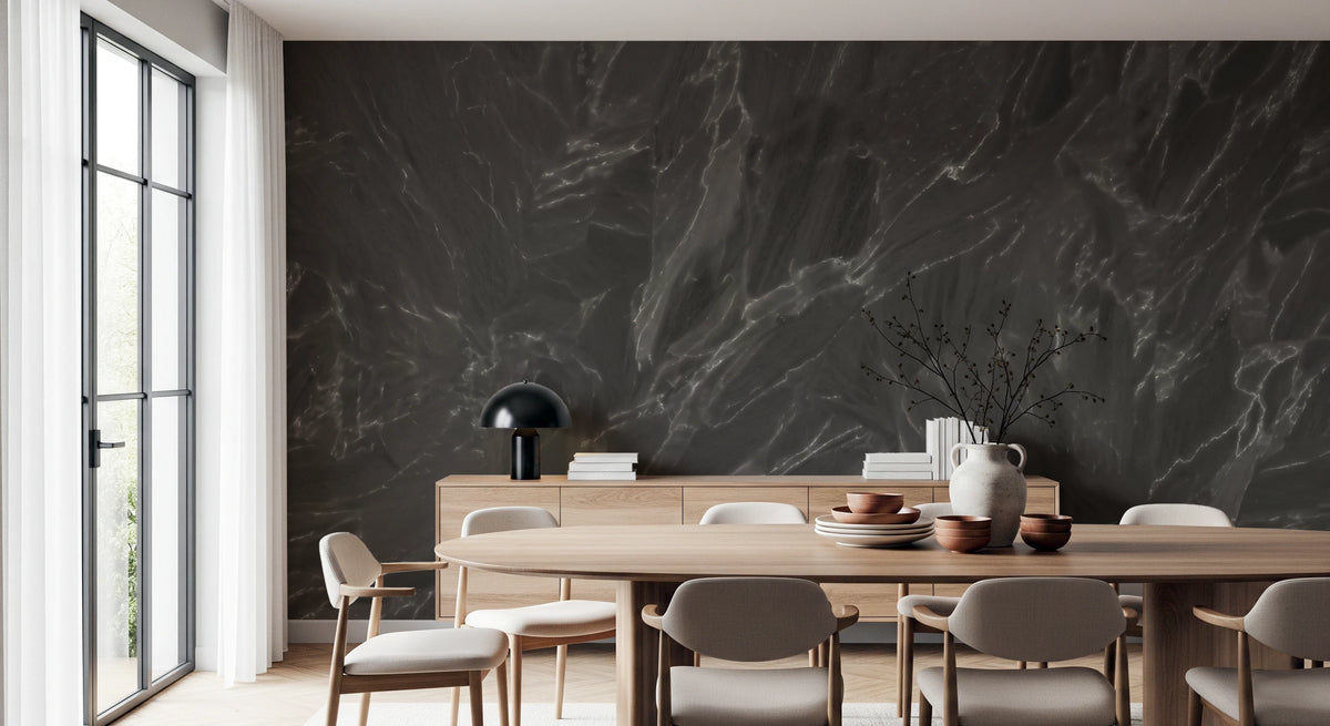 Monochrome charcoal stone texture mural with silver veining in dining room