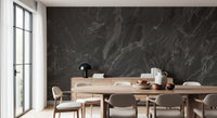Monochrome charcoal stone texture mural with silver veining in dining room