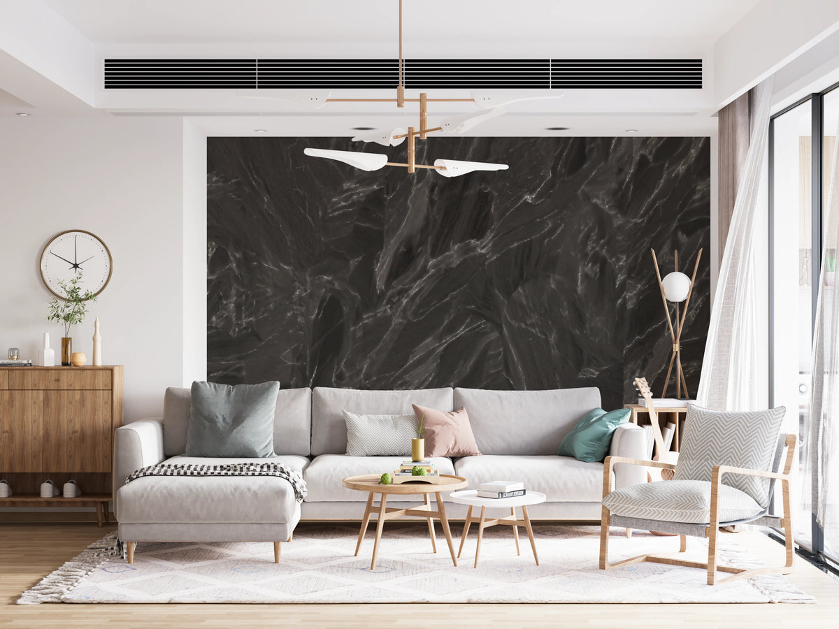 Rough stone texture mural in dark charcoal and silver grey