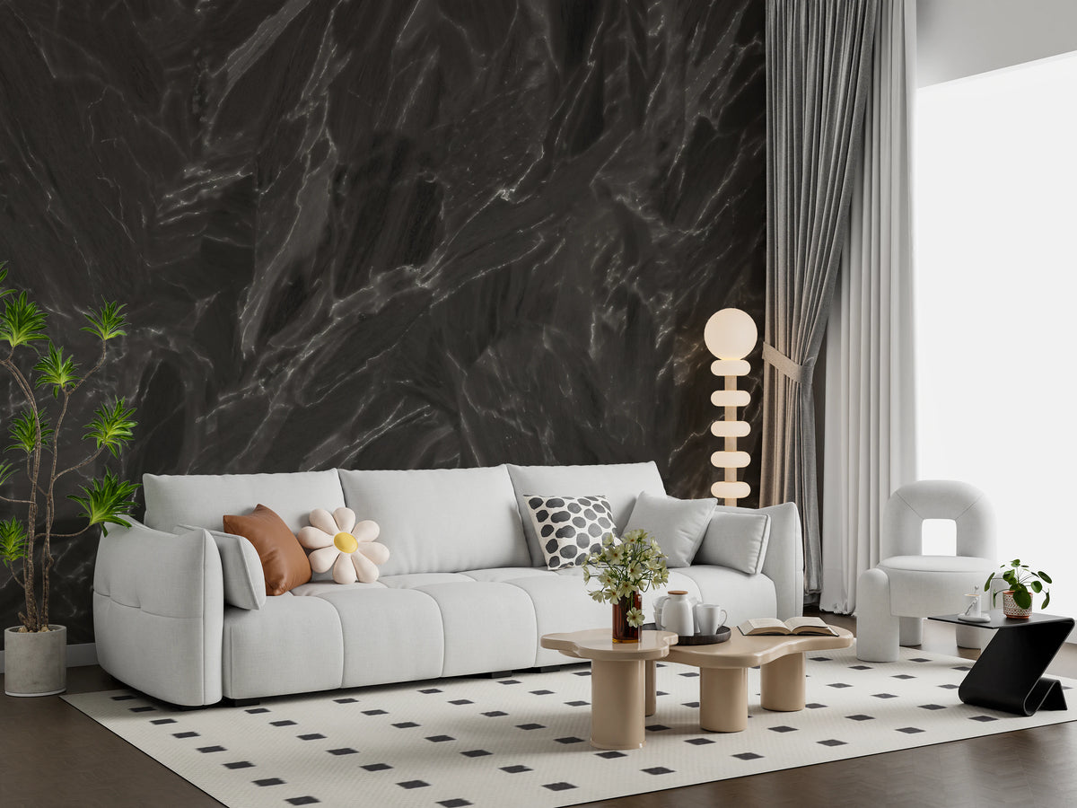 Dark stone texture mural on a living room feature wall.