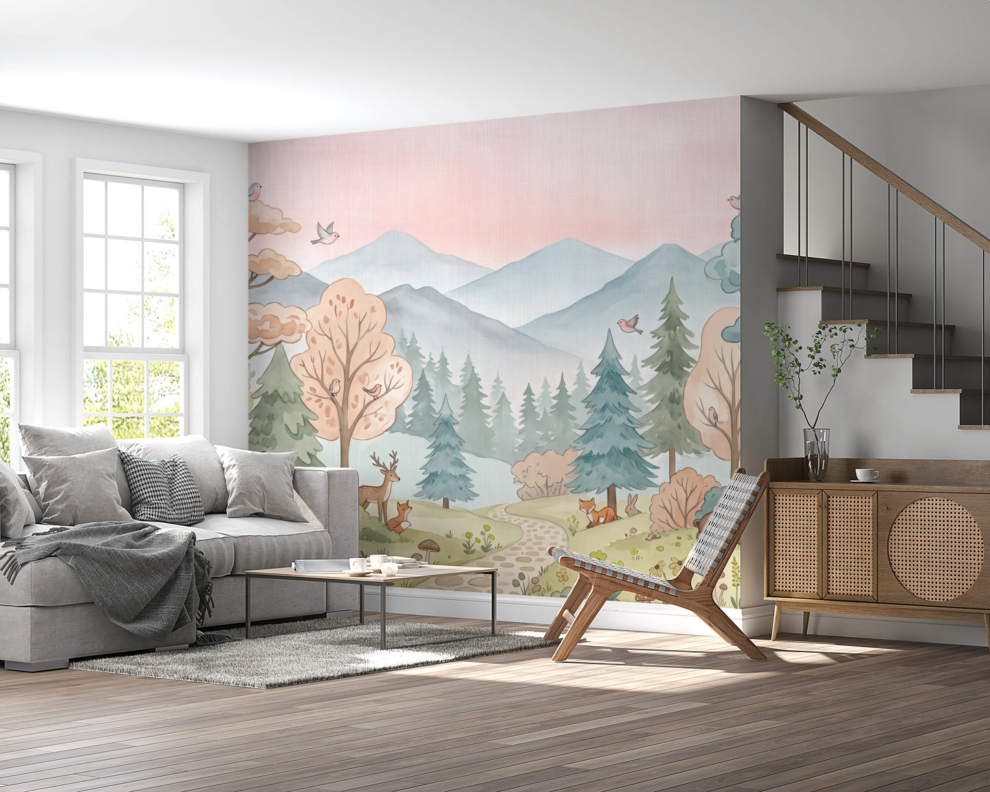 Enchanted Woodland Friends Soft Pink Landscape Wall Mural
