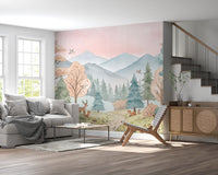 Enchanted Woodland Friends Soft Pink Landscape Wall Mural