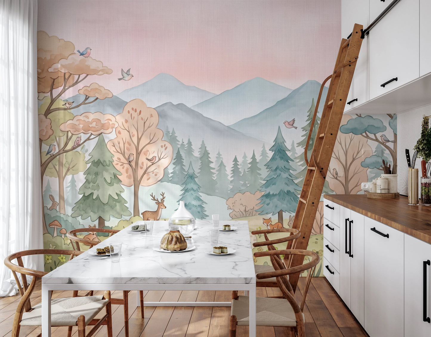 Enchanted Woodland Friends Soft Pink Landscape Wall Mural