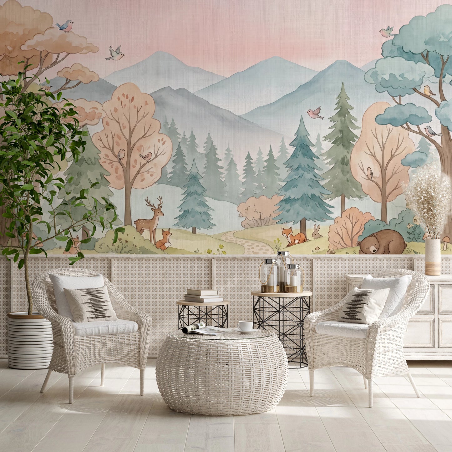 Enchanted Woodland Friends Soft Pink Landscape Wall Mural