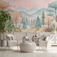 Enchanted Woodland Friends Soft Pink Landscape Wall Mural