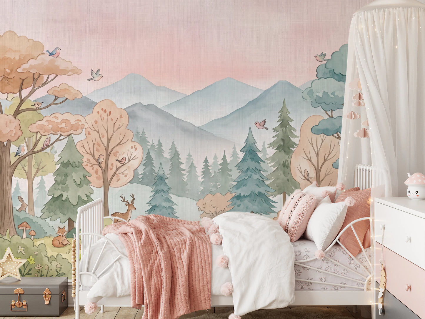 Enchanted Woodland Friends Soft Pink Landscape Wall Mural