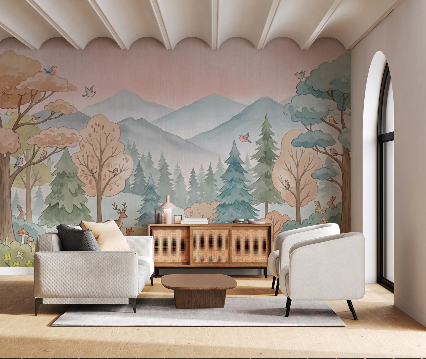 Enchanted Woodland Friends Soft Pink Landscape Wall Mural
