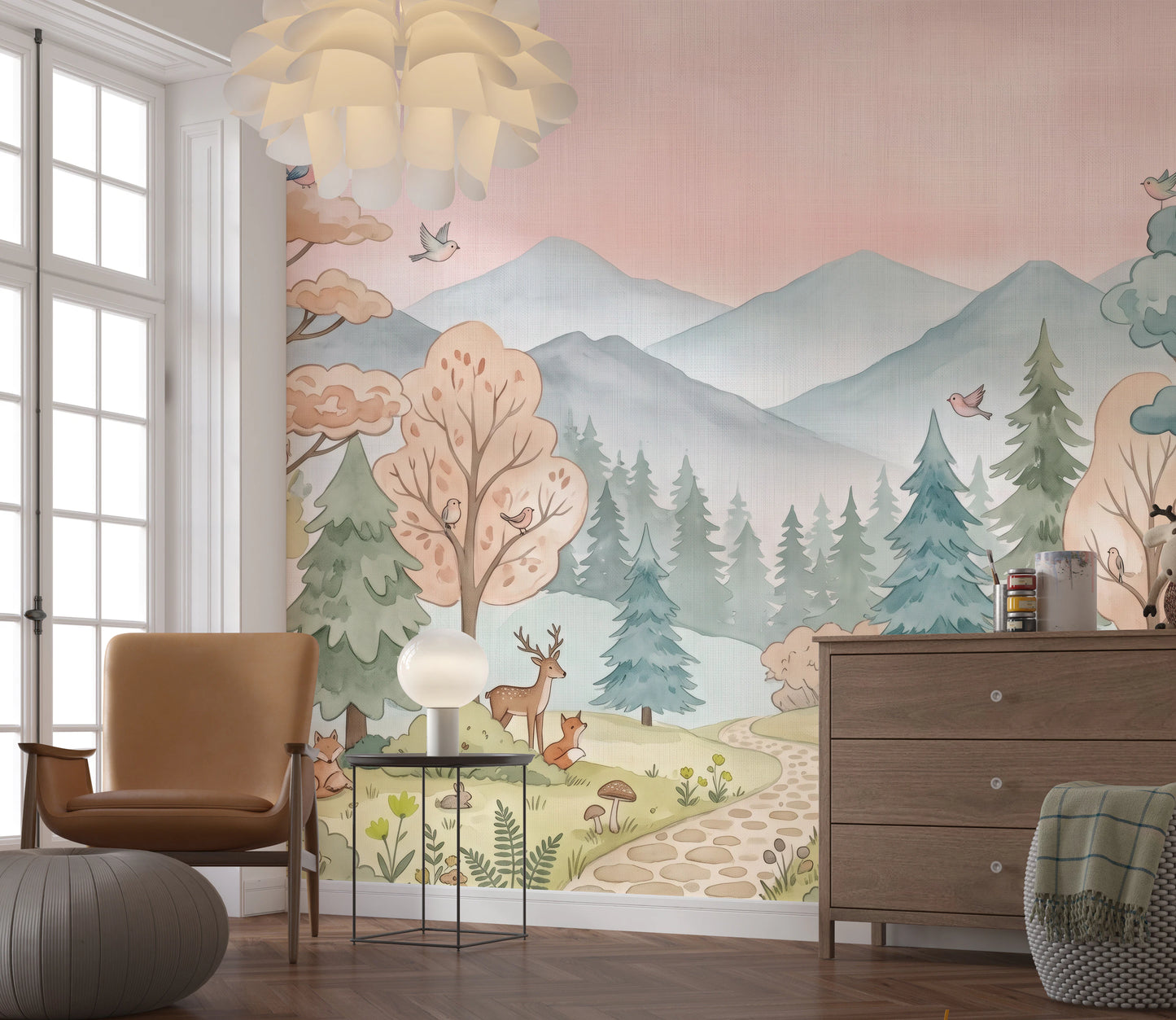 Enchanted Woodland Friends Soft Pink Landscape Wall Mural