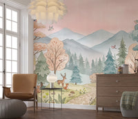 Enchanted Woodland Friends Soft Pink Landscape Wall Mural