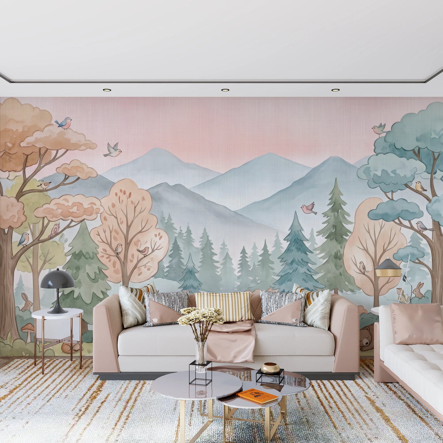 Enchanted Woodland Friends Soft Pink Landscape Wall Mural
