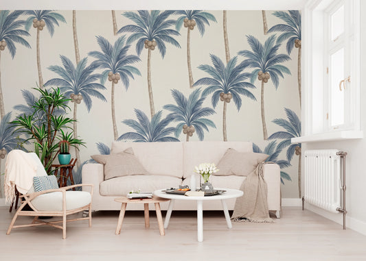 Blue Tropical Palm Tree Botanical Pattern Wall Mural