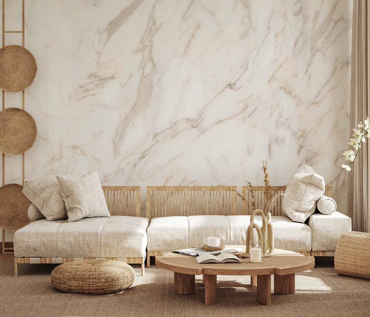 Bright marble texture mural with thin gold veining lines in hallway