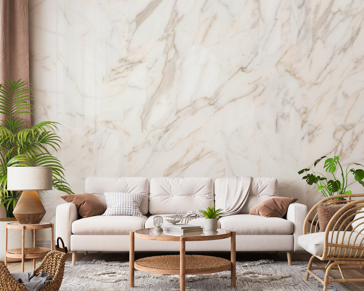 Calacatta marble mural on a living room feature wall