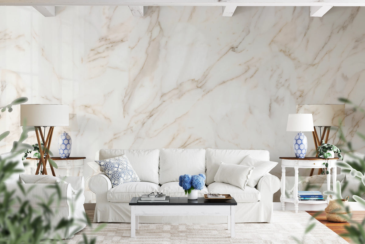 Gold-veined white marble mural with a clean, airy surface
