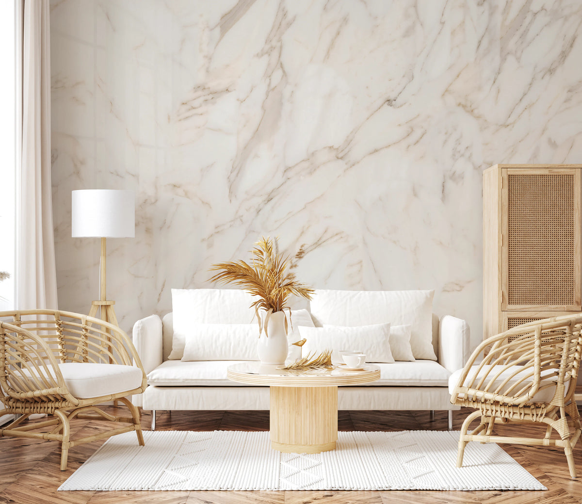 Polished white marble mural with grey and gold vein detail in living area
