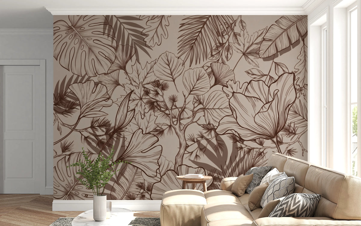Botanical leaf mural on a living room feature wall in earthy brown tones