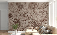 Botanical leaf mural on a living room feature wall in earthy brown tones
