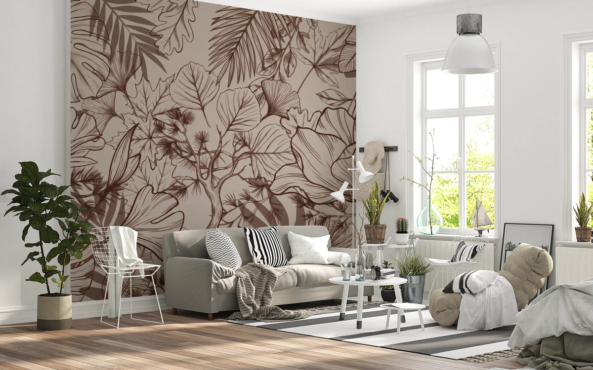 Earthy botanical sketch mural in a living room with soft beige and brown