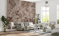Earthy botanical sketch mural in a living room with soft beige and brown