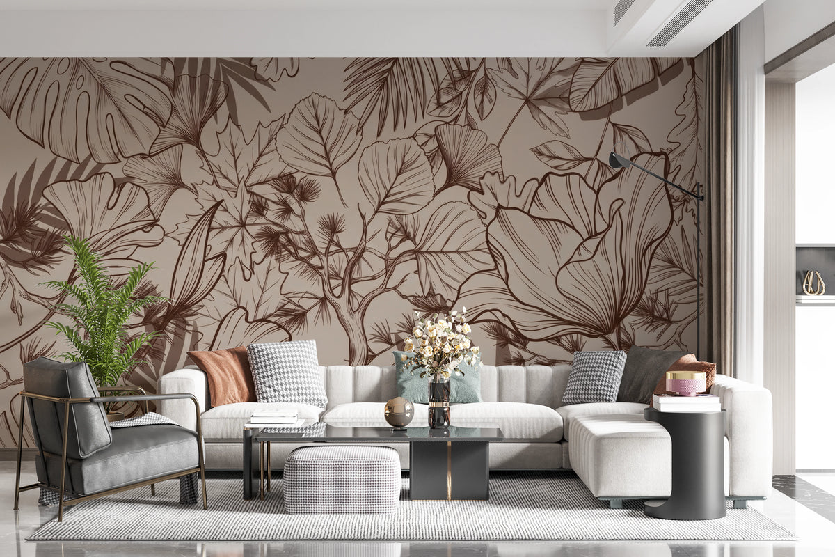 Detailed leaf mural with monstera, ginkgo, and palm in brown outlines