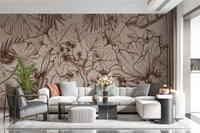Detailed leaf mural with monstera, ginkgo, and palm in brown outlines