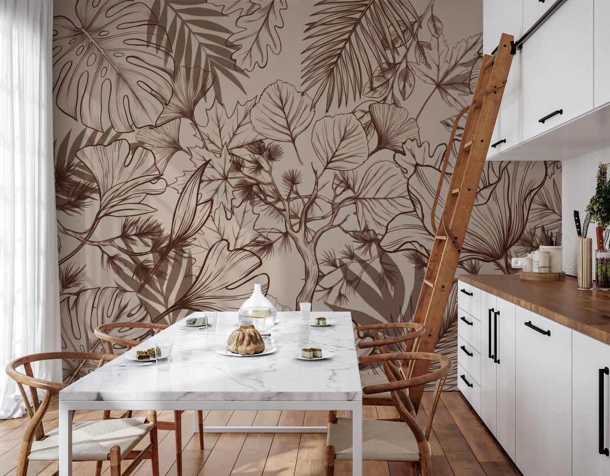 Sketched foliage mural in warm sepia and taupe tones on beige on dining room wall
