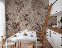 Sketched foliage mural in warm sepia and taupe tones on beige on dining room wall
