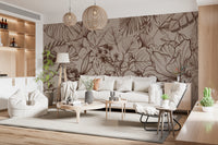 Neutral botanical mural with overlapping fronds in warm earthy tones