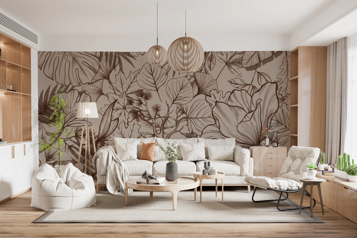 Warm toned botanical mural with foliage and flowers in fine brown lines