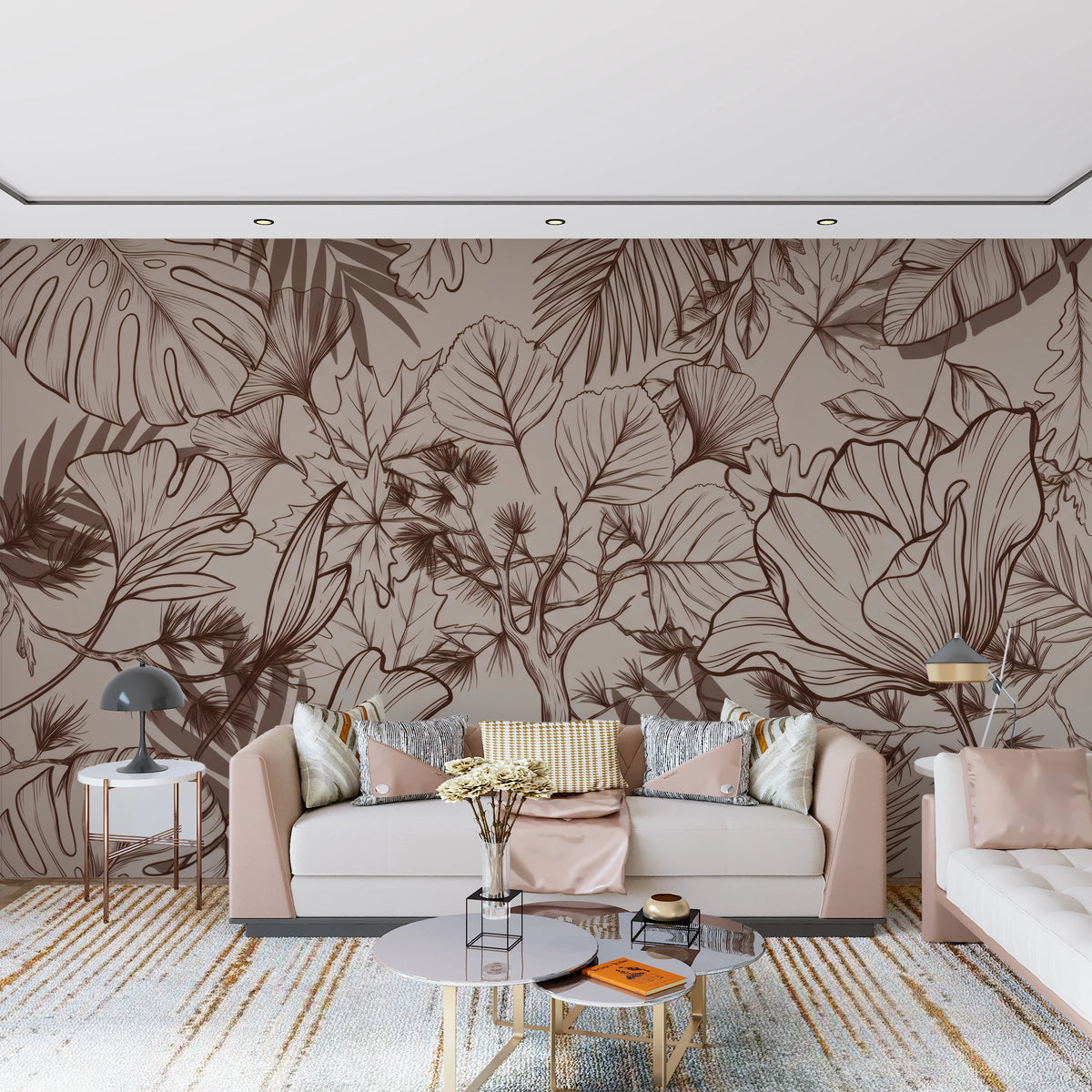 Brown line botanical mural with tropical leaves and flowering stems