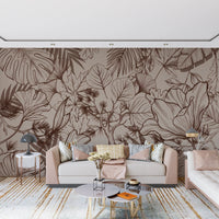 Brown line botanical mural with tropical leaves and flowering stems
