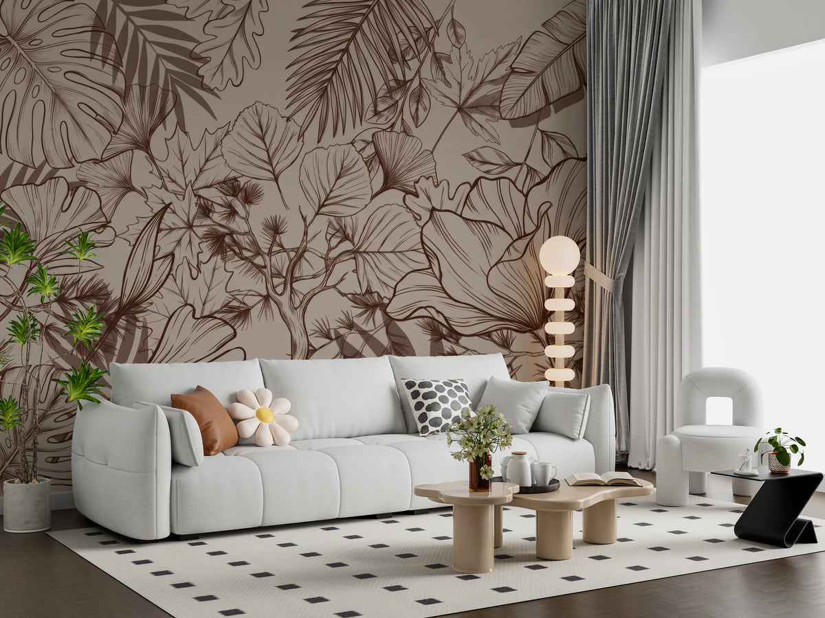Earthy tone mural showing ginkgo and banana leaves on beige background in living room