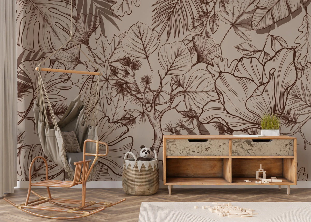 Tropical leaf sketch mural in brown linework over a beige backdrop 