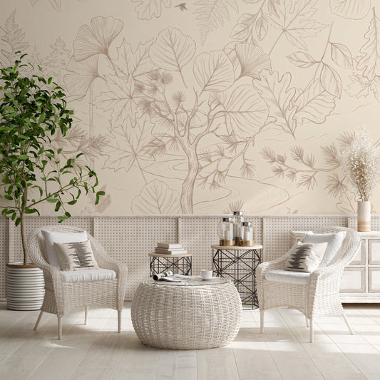 Minimalist Forest Line Art Botanical Wall Covering Wall Mural