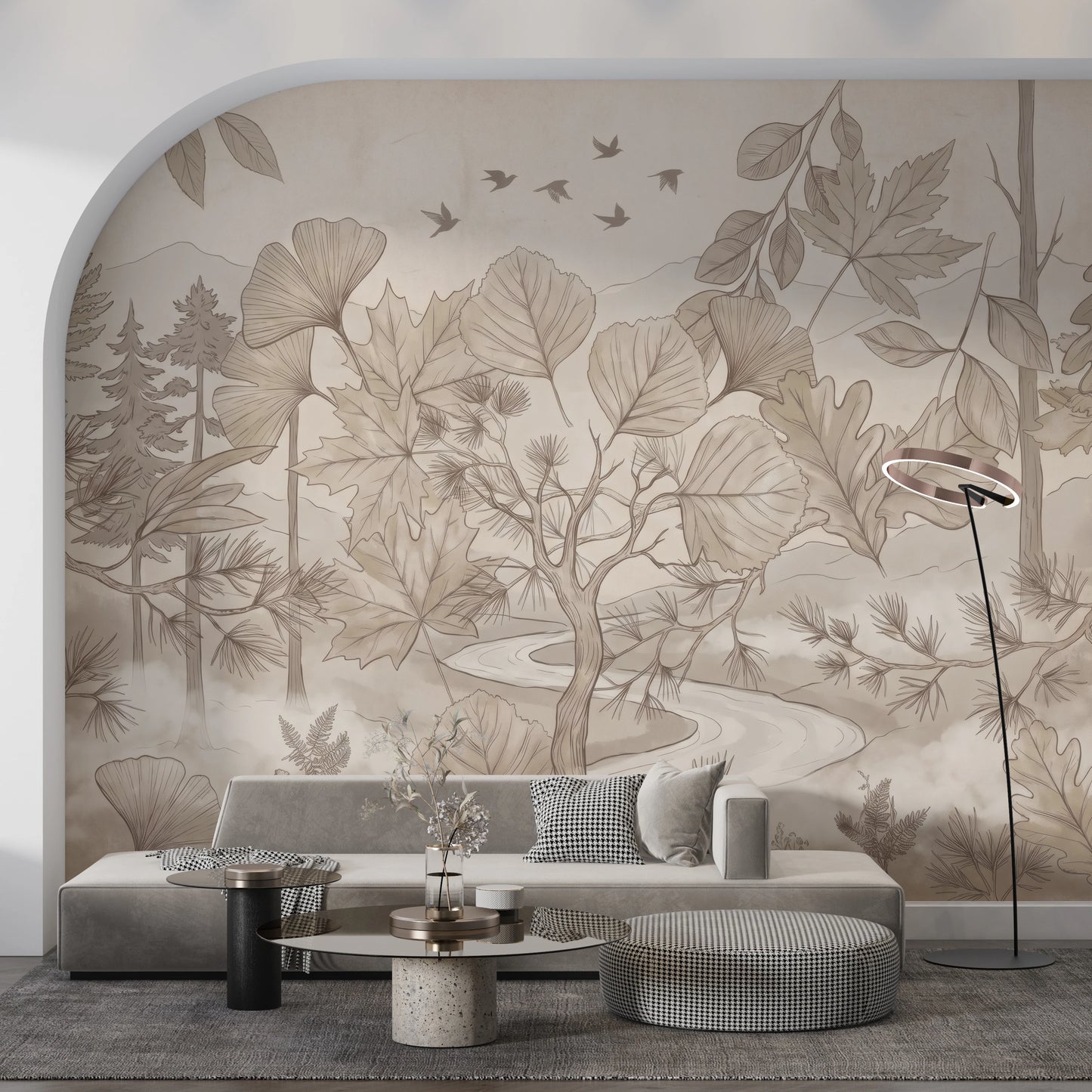 Misty Forest Path Sepia Sketch Wallpaper Wall Mural