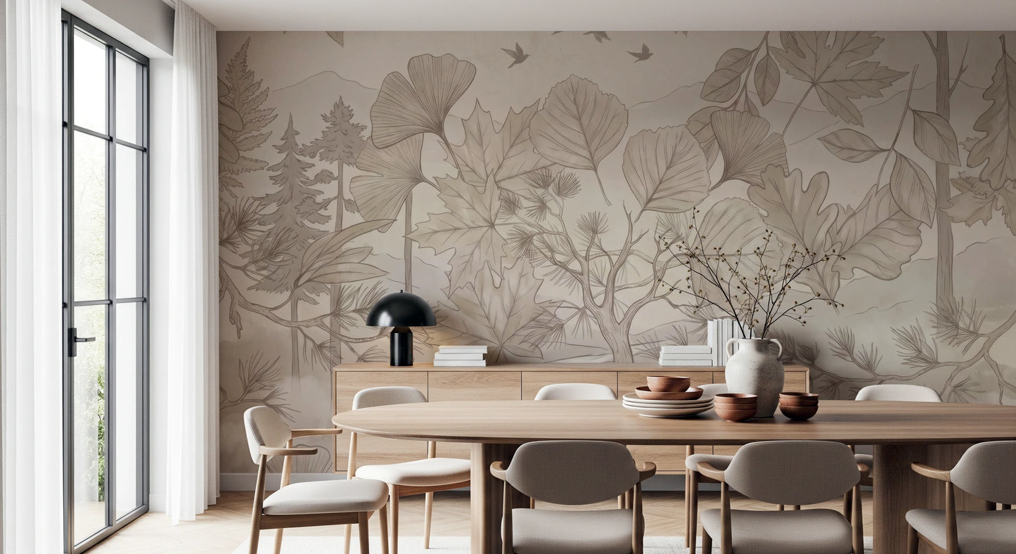 Misty Forest Path Sepia Sketch Wallpaper Wall Mural