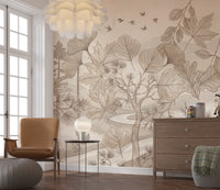 Misty Forest Path Sepia Sketch Wallpaper Wall Mural