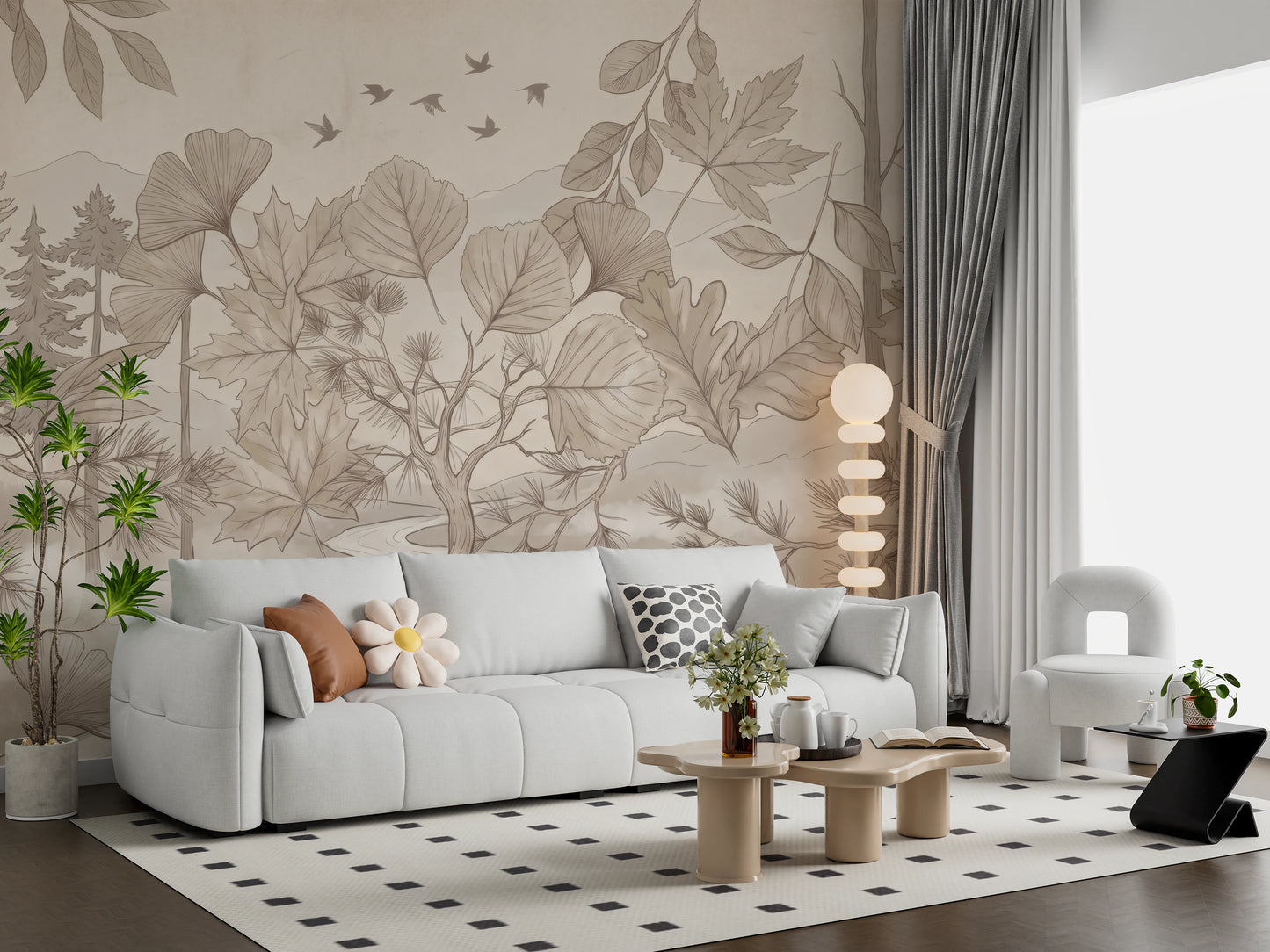 Misty Forest Path Sepia Sketch Wallpaper Wall Mural