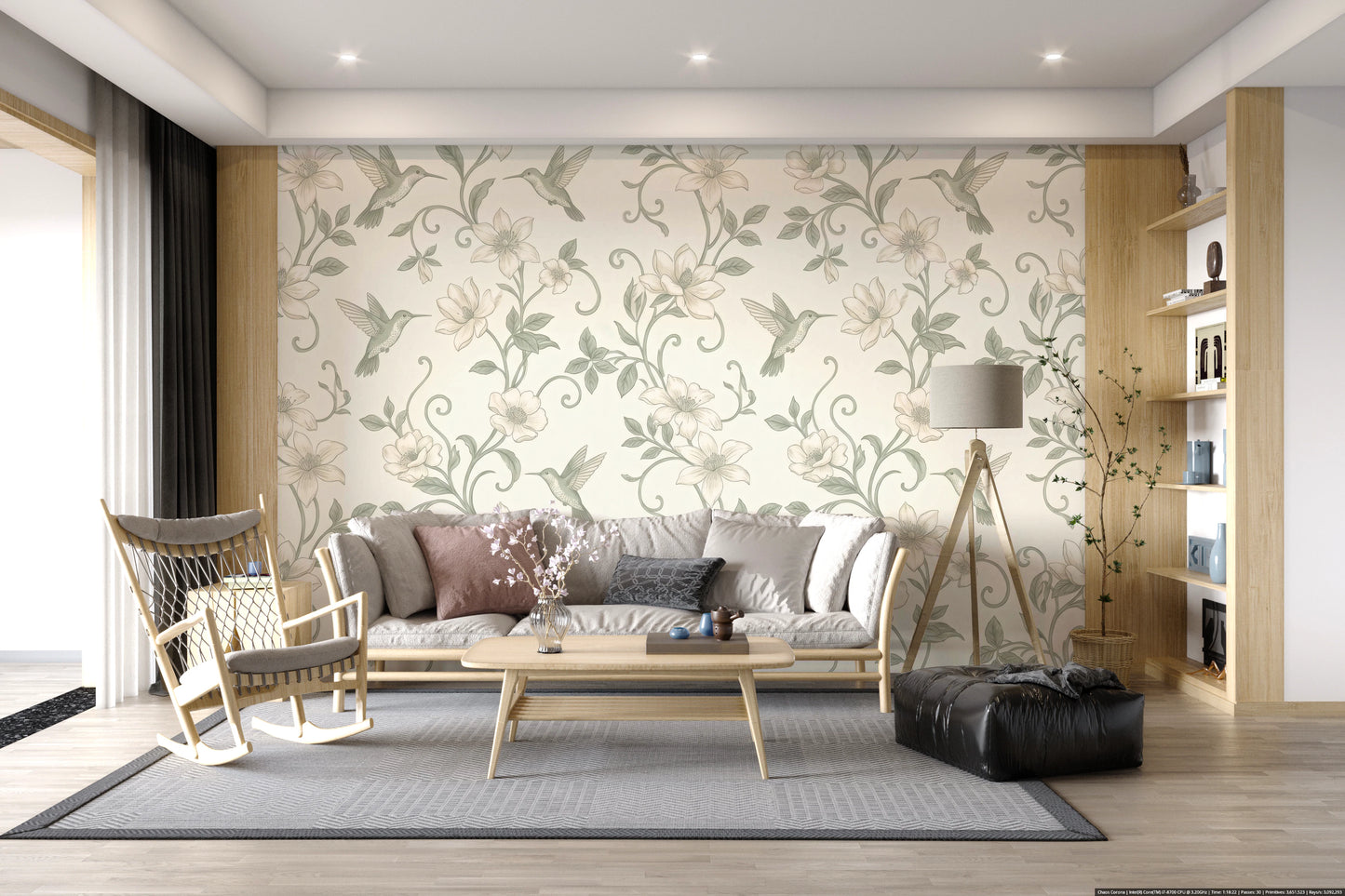 Elegant Hummingbird and Floral Botanical Garden Wallpaper Wall Mural
