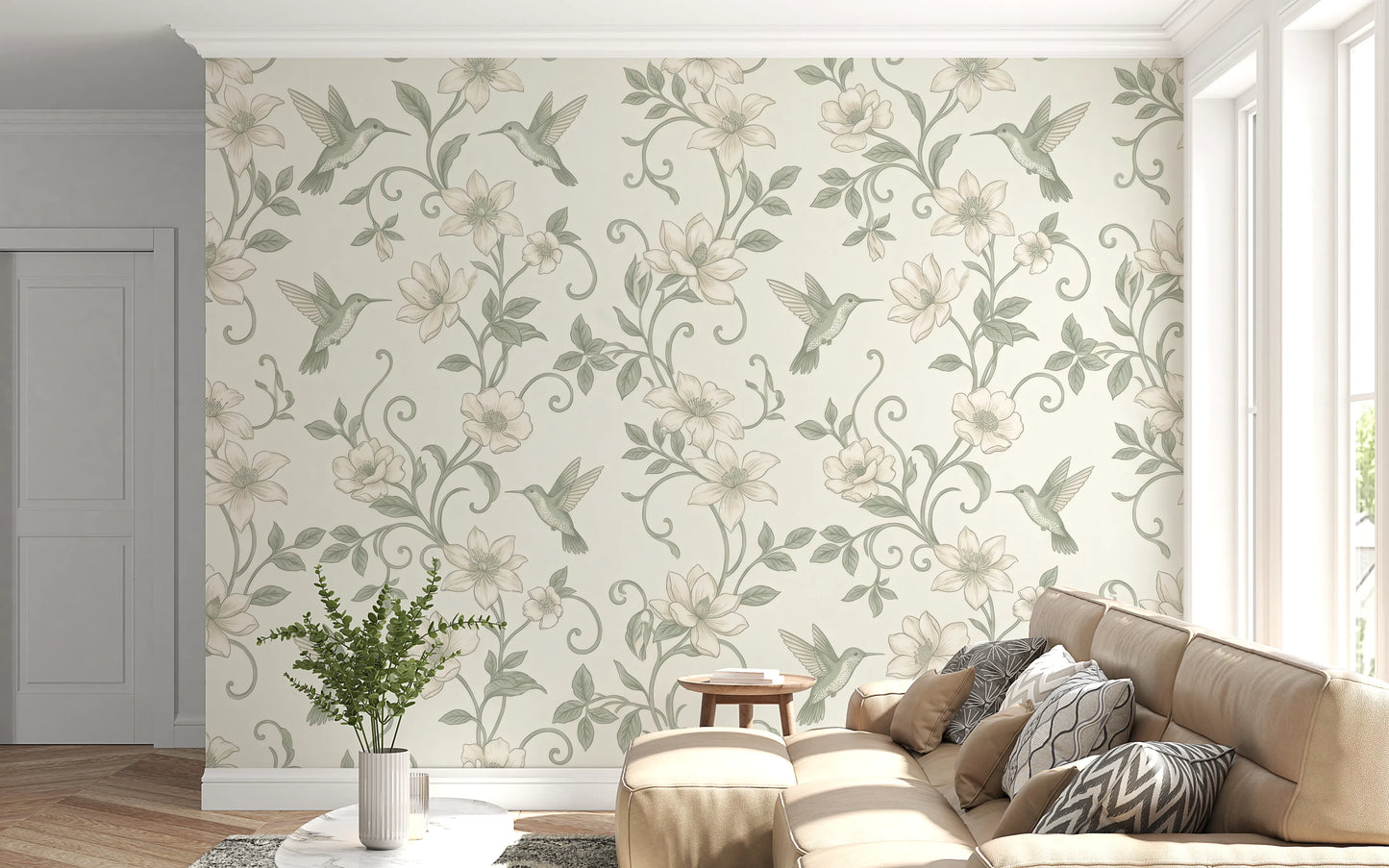 Elegant Hummingbird and Floral Botanical Garden Wallpaper Wall Mural