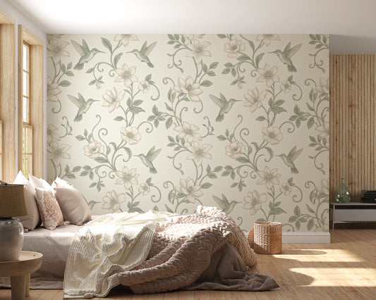Elegant Hummingbird and Floral Botanical Garden Wallpaper Wall Mural